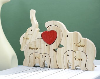 Casse-tête de famille éléphant en bois, figurines d'animaux personnalisées, sculptures d'éléphants en bois, casse-tête nom de famille personnalisé, cadeau fête des mères, cadeau enfant