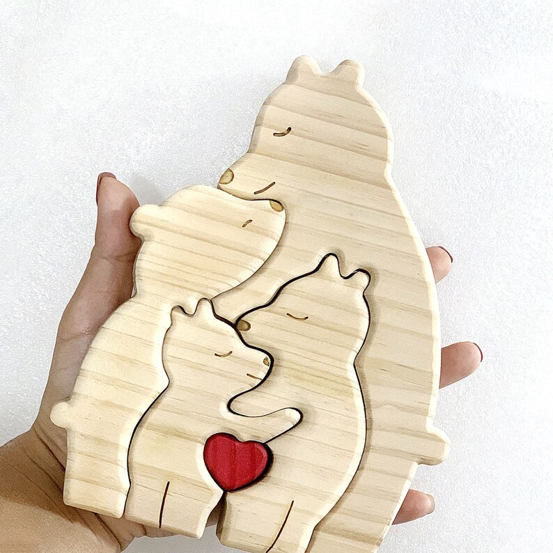 Wooden Bear Family Puzzle,Personalized Mother's Day Gift,Custom Single Parent Families Bear Puzzle,Wooden Animal Carvings,Family Home Decor 画像 2