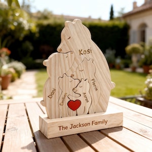 Personalized Wooden Bear Family Puzzle: Custom Wood Animal Carvings Home Decor Mother's Day Gifts