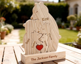 Personalized Wooden Bear Family Puzzle: Custom Wood Animal Carvings Home Decor Mother's Day Gifts