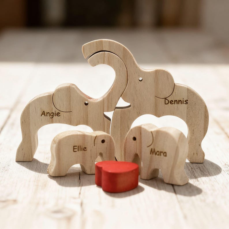 Custom Wooden Elephant Family Puzzle,Personalized Animal Figurines,Wooden Elephants Carvings,Family Name Puzzle,Wood Father's Day Gifts image 12