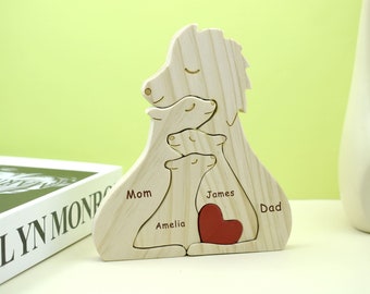 Casse-tête de famille en bois, cadeau personnalisé pour la fête des mères, casse-tête de lions personnalisé, sculptures d'animaux en bois, cadeau souvenir de famille, décoration d'intérieur familiale