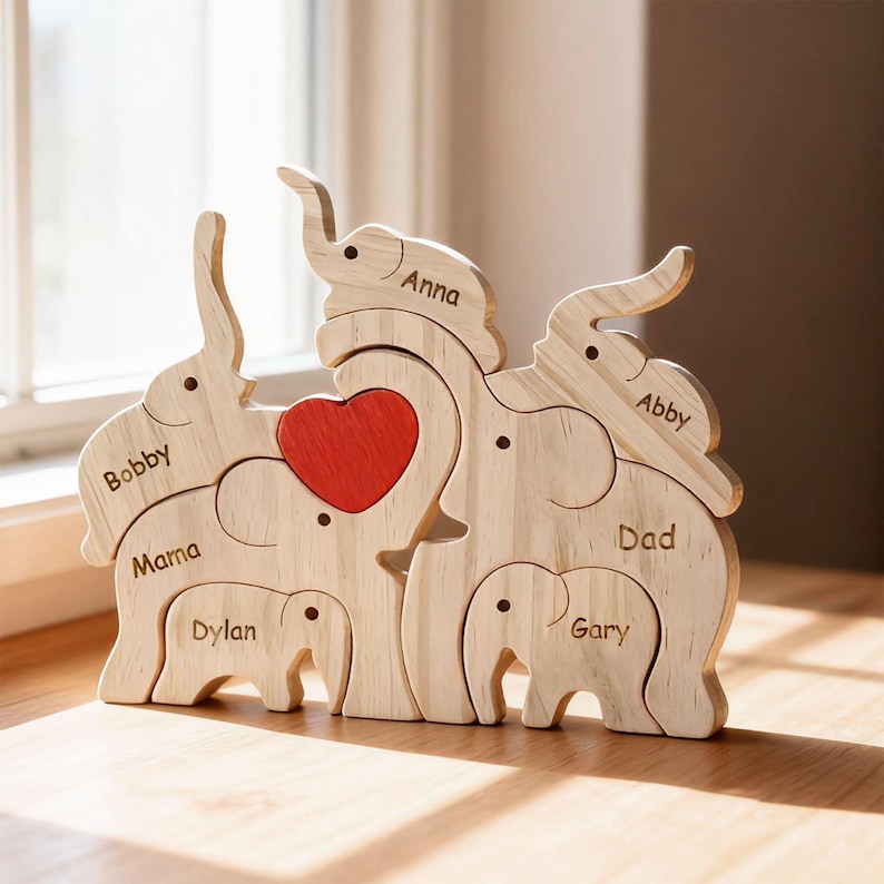 Custom Wooden Elephant Family Puzzle,Personalized Animal Figurines,Wooden Elephants Carvings,Family Name Puzzle,Wood Father's Day Gifts image 5