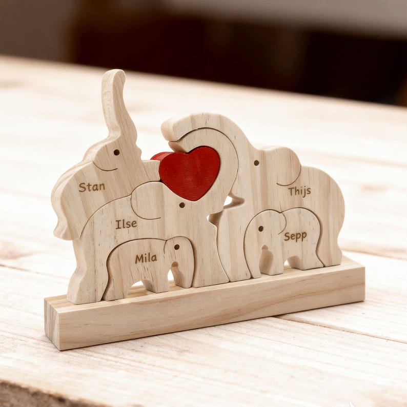 Custom Wooden Elephant Family Puzzle,Personalized Animal Figurines,Wooden Elephants Carvings,Family Name Puzzle,Wood Father's Day Gifts image 8
