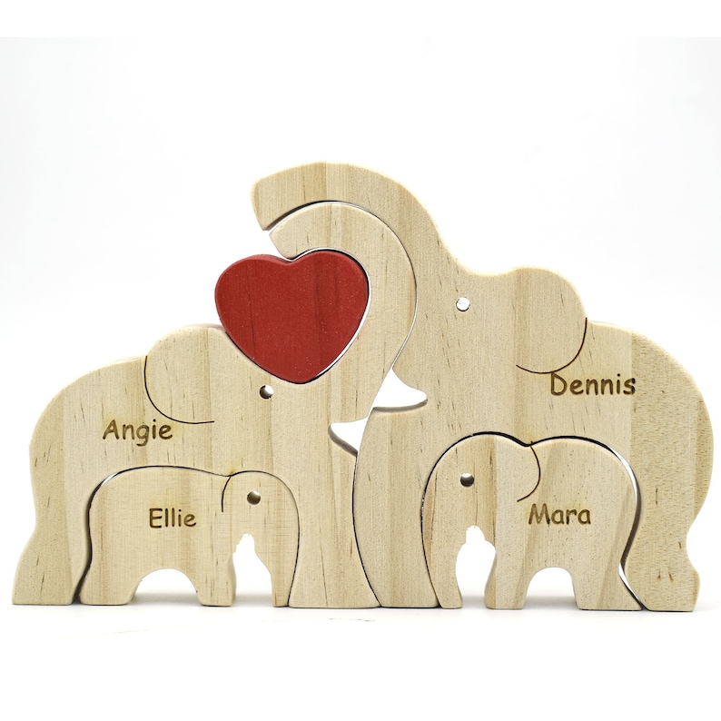Holzelefantenfamilien-Puzzle, benutzerdefinierte Tierfiguren, Holzelefanten-Schnitzereien, personalisiertes Familiennamen-Puzzle, Muttertagsgeschenk, Kindergeschenk Bild 2