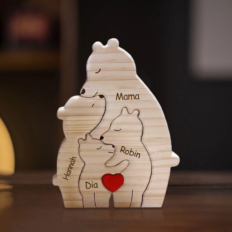 Bären-Familienpuzzle aus Holz, personalisiertes Muttertagsgeschenk, individuelles Bärenpuzzle für alleinerziehende Familien, Tierschnitzereien aus Holz, Familien-Wohndekoration Bild 4