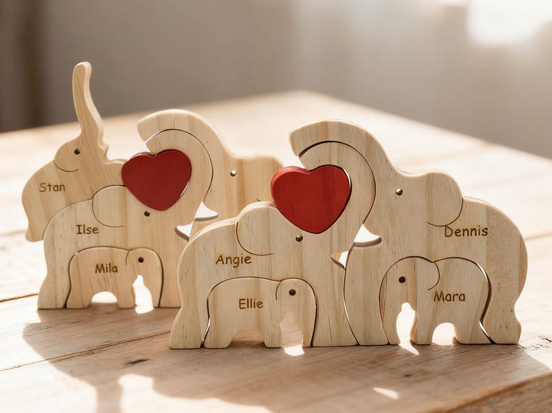 Custom Wooden Elephant Family Puzzle,Personalized Animal Figurines,Wooden Elephants Carvings,Family Name Puzzle,Wood Father's Day Gifts image 14