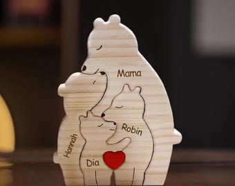 Hölzerne Bärenfamilie Puzzle, Benutzerdefinierte alleinerziehende Familie Bärenfiguren, personalisiertes Geschenk Holz Tierpuzzle, Familienandenken Geschenk, Wohnkultur