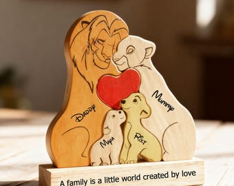 Rompecabezas de madera personalizado de la familia de leones: hasta 10 figuras de la familia de leones. Regalos personalizados para el Día de la Madre.