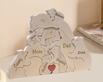 Wooden Bears Family Puzzle, Personalized Family Christmas Gift, Custom Bear Family Figurines, Wooden Animal Carved Puzzle, Mother's Day Gift