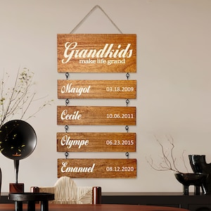 May include: Wooden sign with the text "Grandkids make life grand" and four smaller signs hanging below with names and dates. The names are Margot, Cecile, Olympe, and Emanuel.