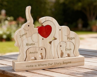 Aangepaste houten familiepuzzel olifant, gepersonaliseerde dierenfiguurtjes, houten olifantensnijwerk, puzzel familienaam, houten Moederdagcadeaus