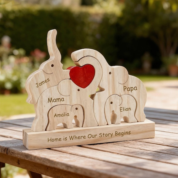 Custom Wooden Elephant Family Puzzle,Personalized Animal Figurines,Wooden Elephants Carvings,Family Name Puzzle,Wood Family Keepsake Gifts