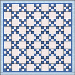 Può includere: Una trapunta fatta a mano con un motivo ripetuto di quadrati blu e bianchi. Il design presenta una griglia di grandi quadrati bianchi, ciascuno circondato da quadrati blu più piccoli. Il bordo è blu unito.