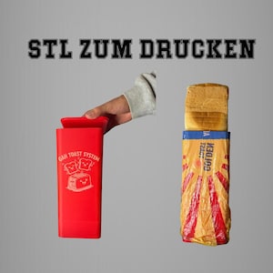 Könnte beinhalten: Ein roter Behälter mit der Aufschrift "GAH TOAST SYSTEM" und einer Toaster-Grafik, neben einem Brotlaib in goldener Verpackung. Der Text "STL ZUM DRUCKEN" steht oben.