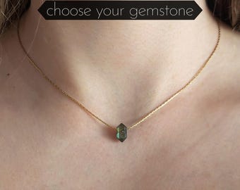 Gold or silver gemstone necklace with double end | Gemstone choker necklace with gemstone pendant | Crystal necklace