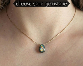 Gemstone necklace, gold or silver, with teardrop pendant | Crystal necklace, gemstone choker necklace with stone, gemstone pendant, gemstone necklace