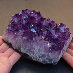Könnte beinhalten: Eine große Amethyst-Kristallstufe mit tiefvioletten, spitzen Quarzkristallen, die in eine hellere, durchscheinende Basis übergehen. Das Mineralexemplar weist eine gezackte, natürliche Textur mit facettierten Oberflächen auf.