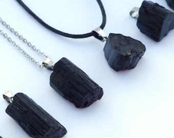 Raw Black Tourmaline Necklace Men & Women | Black Tourmaline Pendant Black Tourmaline Necklace | Raw Gemstone Necklace Silver