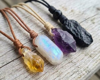 Collana di pietre preziose con cordino di cotone | Collana di cristallo, collana di pietre preziose grezze, ciondolo con pietre preziose, collana di pietre preziose, collana di pietre grezze, cristallo