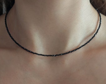 Faceted black obsidian necklace | Obsidian choker necklace with black beads | Black obsidian beaded necklace