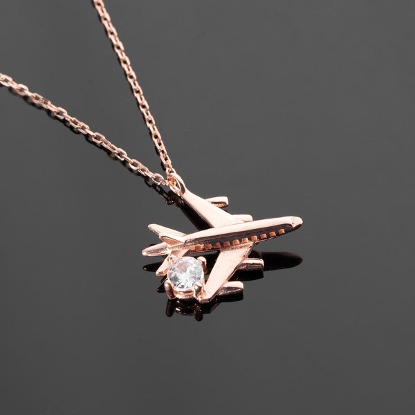 925K Silver Airplane Charm Necklace,  Aircraft with Cz Necklace, Gift For Pilot, Gift For Hostess, Gift For Her, Back To School Gift