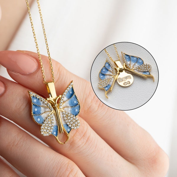 Personalisierte blaue Schmetterling Halskette, öffenbare Flügel Schmetterling Halskette, versteckte Name Halskette, geheime Nachricht Anhänger, Geschenk für sie, Mutter Geschenk