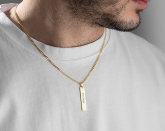 Personalized Double Sides Engraved Bar Necklace For Men, Custom Curb Chain Vertical Bar Necklace, Custom Romen Numeral Necklace Gift For Men