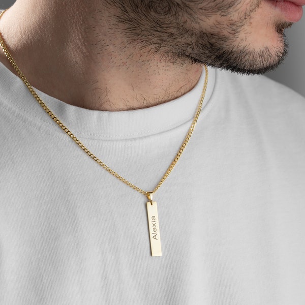 Collier de barre gravé double côtés personnalisé pour hommes, collier de barre verticale de chaîne de bordure personnalisée, cadeau de collier de chiffres Romen personnalisé pour hommes