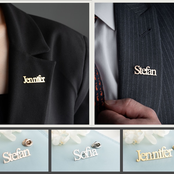 Custom Name Jacket Label Brooch Pin, Personalized Name Collar Pin, Company Name Pin For Employees, Groom Bride Name  Brooch Pin For Wedding
