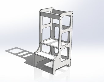 May include: A white wooden step stool with two steps and a safety rail. The stool has a cutout design on the sides and back.