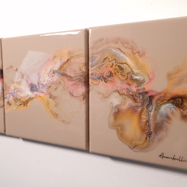 GOLDEN GLOW - Dutch Pour Painting - Tableau peinture triptyque 20X20 cm - Original & Unique