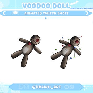 May include: Animated Twitch emote of a voodoo doll. The doll is brown with red stitching and a red heart. The doll is lying on its back with its arms outstretched. In the second frame, the doll is covered in pins.