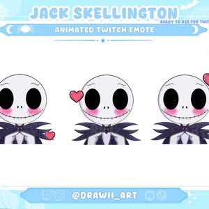 Puede incluir: Emoticono animado de Twitch con Jack Skellington de Pesadilla Antes de Navidad. El emoticono muestra a Jack Skellington con la cara sonrojada y un corazón flotando cerca de él. El emoticono está en tres etapas de animación diferentes.