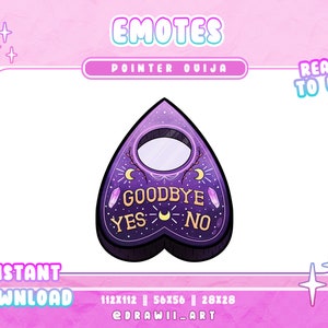 May include: A purple and black heart-shaped ouija board pointer with the words "Goodbye", "Yes", and "No" written on it. The pointer is decorated with crescent moons, stars, and crystals.