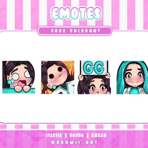 Peut inclure: Un ensemble de quatre émoticônes numériques représentant un personnage de dessin animé avec des cheveux violets et des yeux bleus. Les émoticônes sont dans différentes poses et expressions, y compris pleurer, sourire et tenir un panneau qui dit "GG". Les émoticônes sont conçues pour être utilisées sur Twitch, Discord et d'autres plateformes en ligne.