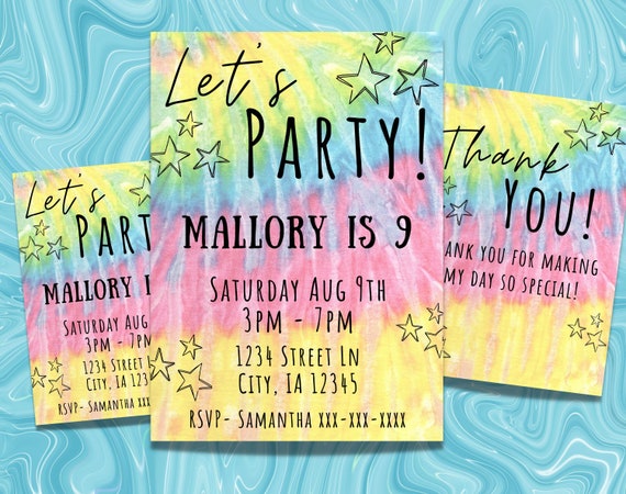 Tie Dye Birthday Invitation 9 Year Old Party Invite Template - Etsy