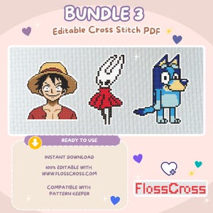 Peut inclure: Un lot de PDF de point de croix avec trois personnages de dessins animés : un homme avec un chapeau de paille, un personnage en robe rouge et un chien bleu. L'image comprend le texte "BUNDLE 3" et "Editable Cross Stitch PDF". Le produit est prêt à l'emploi et téléchargeable instantanément.