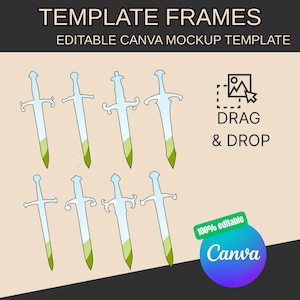 Puede incluir: Imagen con ilustraciones de espadas estilizadas. Las espadas tienen hojas azul claro con puntas verdes y empuñaduras plateadas ornamentadas. El texto dice "TEMPLATE FRAMES" y "EDITABLE CANVA MOCKUP TEMPLATE". También hay un gráfico de "Arrastrar y soltar".