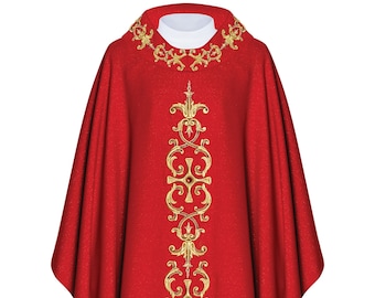 Chasuble Richly Embroidered, Decorative Stones - Red (H63)