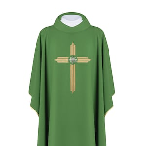 Embroidered Chasuble Cross With Ihs Symbol - Green (H7)