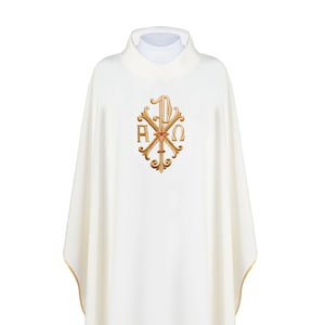 Embroidered Chasuble With Alpha, Omega And Pax Symbol - Ecru (H138)