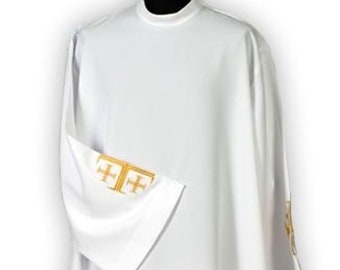 May include: White liturgical alb with gold cross embroidery on the sleeves and hem. The long-sleeved garment has a high, round collar and is made of a flowing fabric. The gold crosses are detailed and symmetrical.