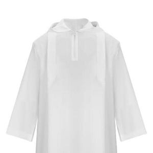 May include: A white hooded garment with a zipper closure at the neckline. The long-sleeved top has a simple, minimalist design. The hood is attached to a collar. The garment is made of a smooth, opaque fabric.