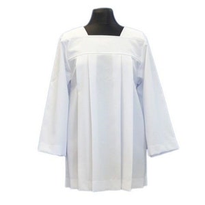 May include: A white, long-sleeved cassock with a square neckline and pleats in the front.