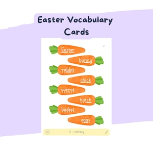 Puede incluir: Tarjetas de vocabulario de Pascua con ilustraciones de zanahorias naranjas y hojas verdes. Cada zanahoria tiene una palabra relacionada con la Pascua, como "Pascua", "conejo" y "conejo". Las tarjetas están diseñadas para la alfabetización y la educación.