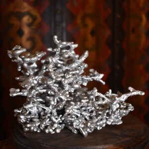 May include: A silver-colored metal sculpture featuring an intricate, organic, and branching structure with a textured, porous surface. The object has a complex, multi-layered form with numerous protruding nodes and interconnected, coral-like segments.
