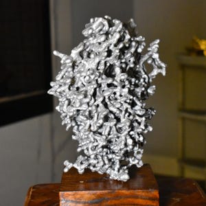 May include: A silver-colored, abstract sculpture with a complex, porous structure. The artwork is mounted on a dark wooden base, creating a contrast between the organic form and the geometric support. The sculpture's intricate design is the focal point.