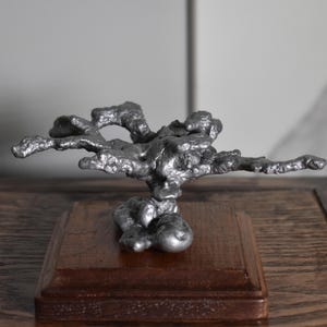 May include: A silver metal sculpture of a tree with a unique, organic shape. The sculpture is displayed on a wooden base.