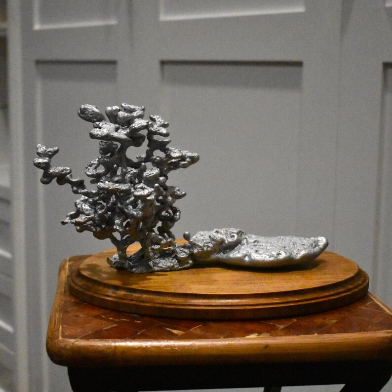 May include: A silver-colored metal sculpture with an organic, branching, and porous structure that resembles a tree or coral formation, attached to a flat, textured base, all mounted on a smooth, oval-shaped wooden display stand.
